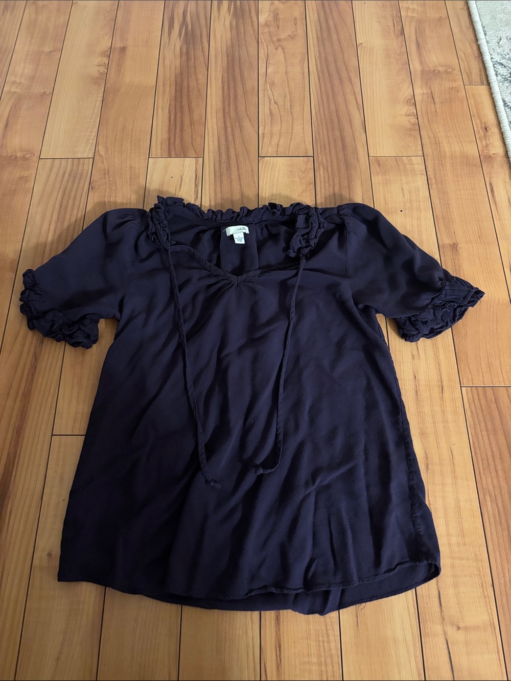 Anthropologie Odille Navy Tie-Neck Ruffle Sleeve Blouse